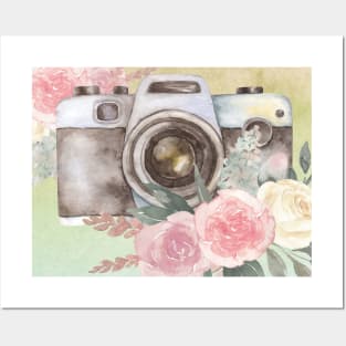 Grey Vintage Camera With Flowers Posters and Art